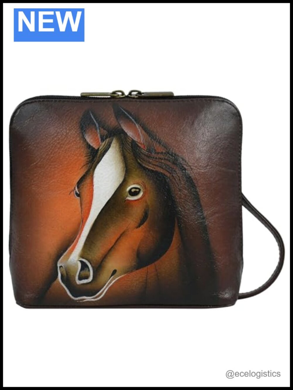 Hand-Painted Leather Crossbody Bag with Wild Horse Art
